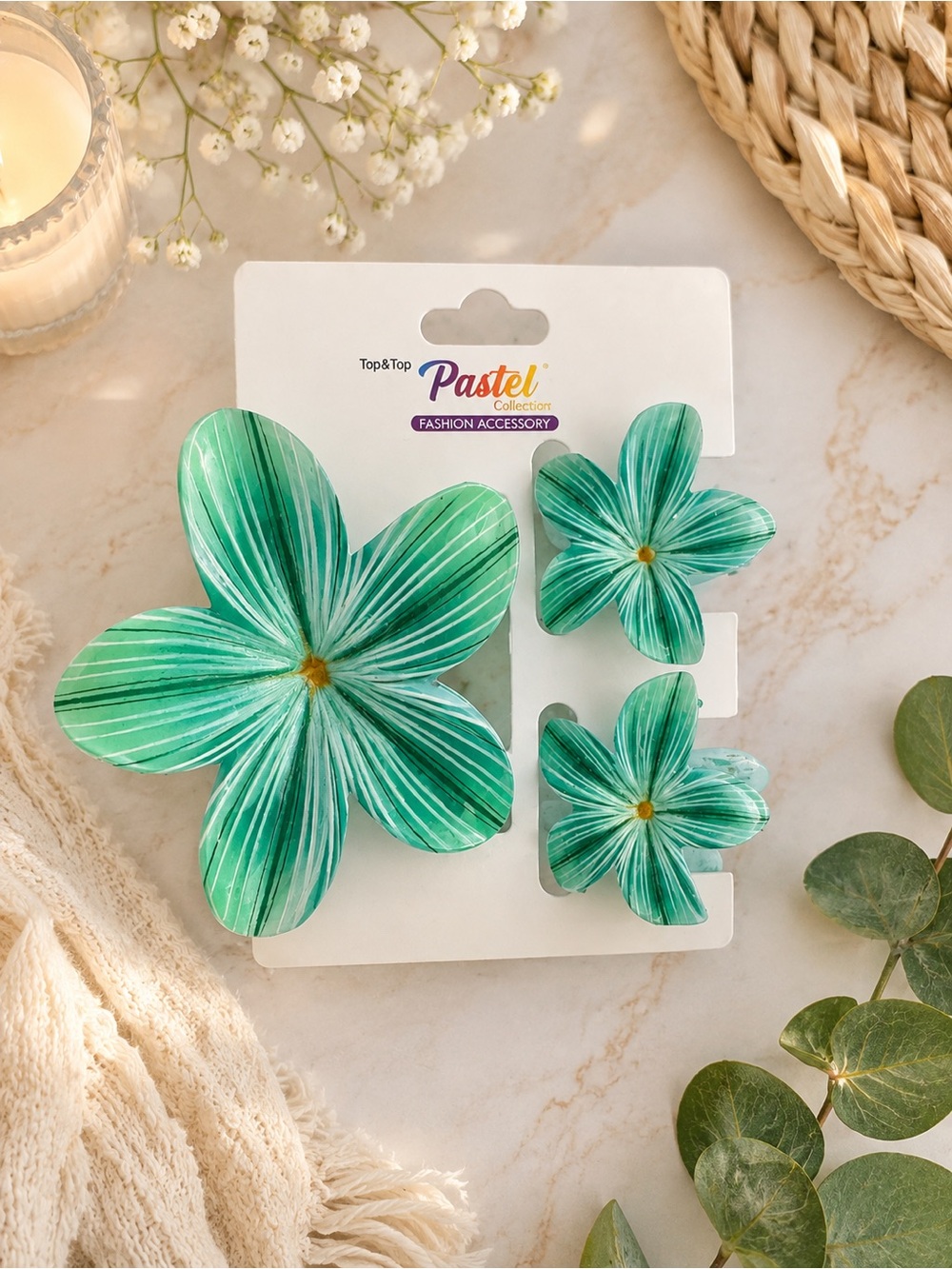 Pastels Green Striped Floral Hair Clips - 3 Piece Set